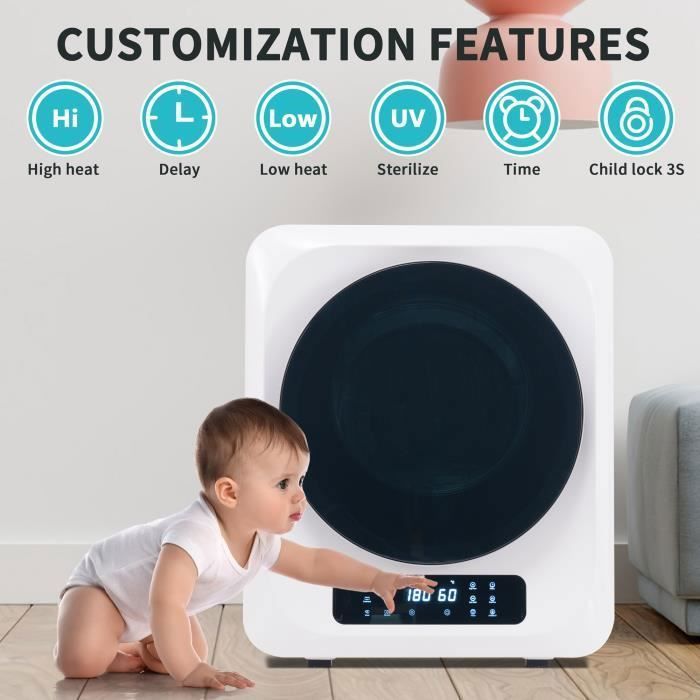Sécheur d'échappement Portable avec Ecran LCD, Sèche-linge Tambour en Acier Inoxydable, Capacité jusqu'à 4kg, Blanc – Image 3