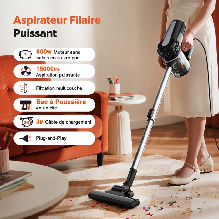 Aspirateur Balai Filaire - TANBABY - 600W - Léger 1,9 kg - Filtre HEPA - 15Kpa Puissant – Image 2
