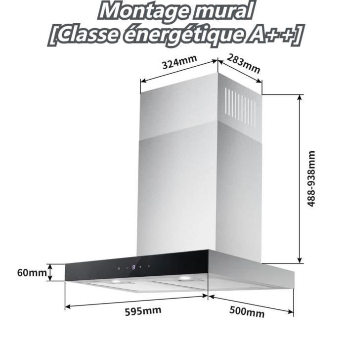 Hotte Aspirante 60cm Tactile 700 m³/h,9 V itesses Classe A++ Hotte de Cuisine Murale En Inox Noir LED – Image 3