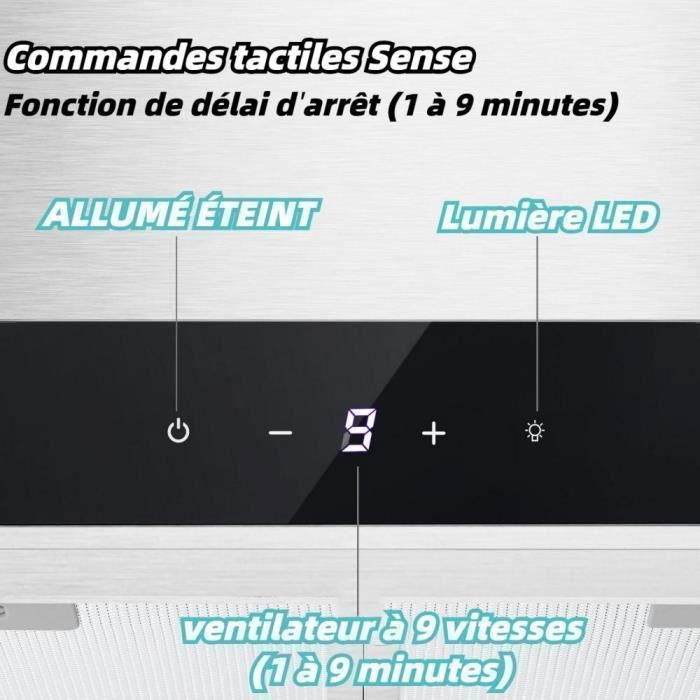 Hotte Aspirante 60cm Tactile 700 m³/h,9 V itesses Classe A++ Hotte de Cuisine Murale En Inox Noir LED – Image 4
