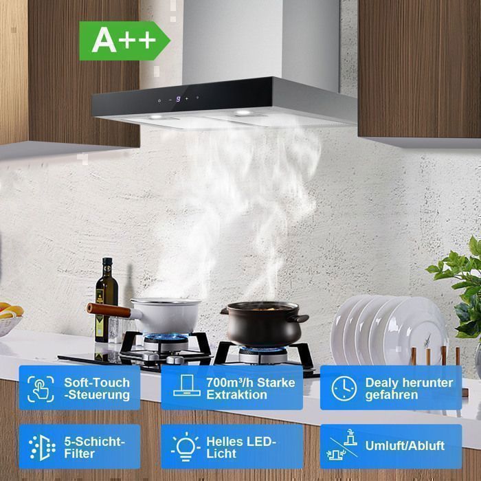 Hotte Aspirante 60cm Tactile 700 m³/h,9 V itesses Classe A++ Hotte de Cuisine Murale En Inox Noir LED – Image 6