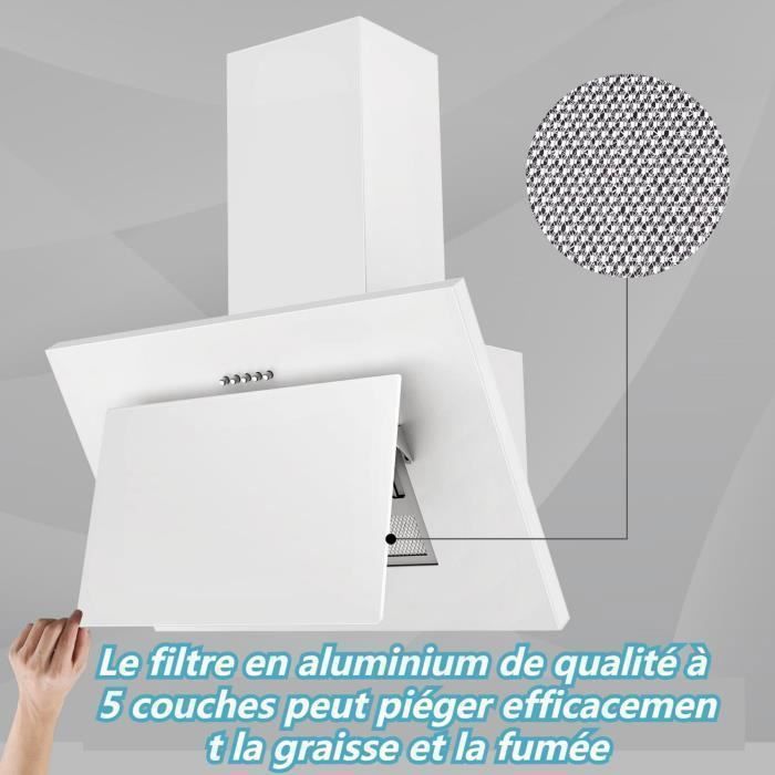 Hotte Aspirantes 60cm,Hotte Cuisine inclinée 350m³/h,Evacuation ou Recyclage,3 Vitesses, LED Lampe, 56 dB, Blanc – Image 4