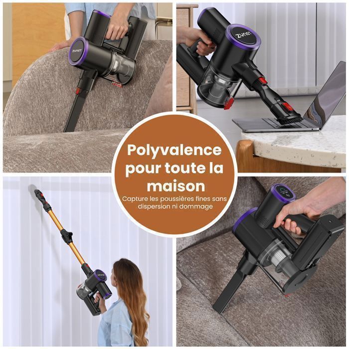 Zynet S9 Aspirateur Balai sans Fil, 45kPa/500W/45Min, Tube Pliable, Station de Charge Murale, Poils d'animaux/Tapis/Sols Durs – Image 4